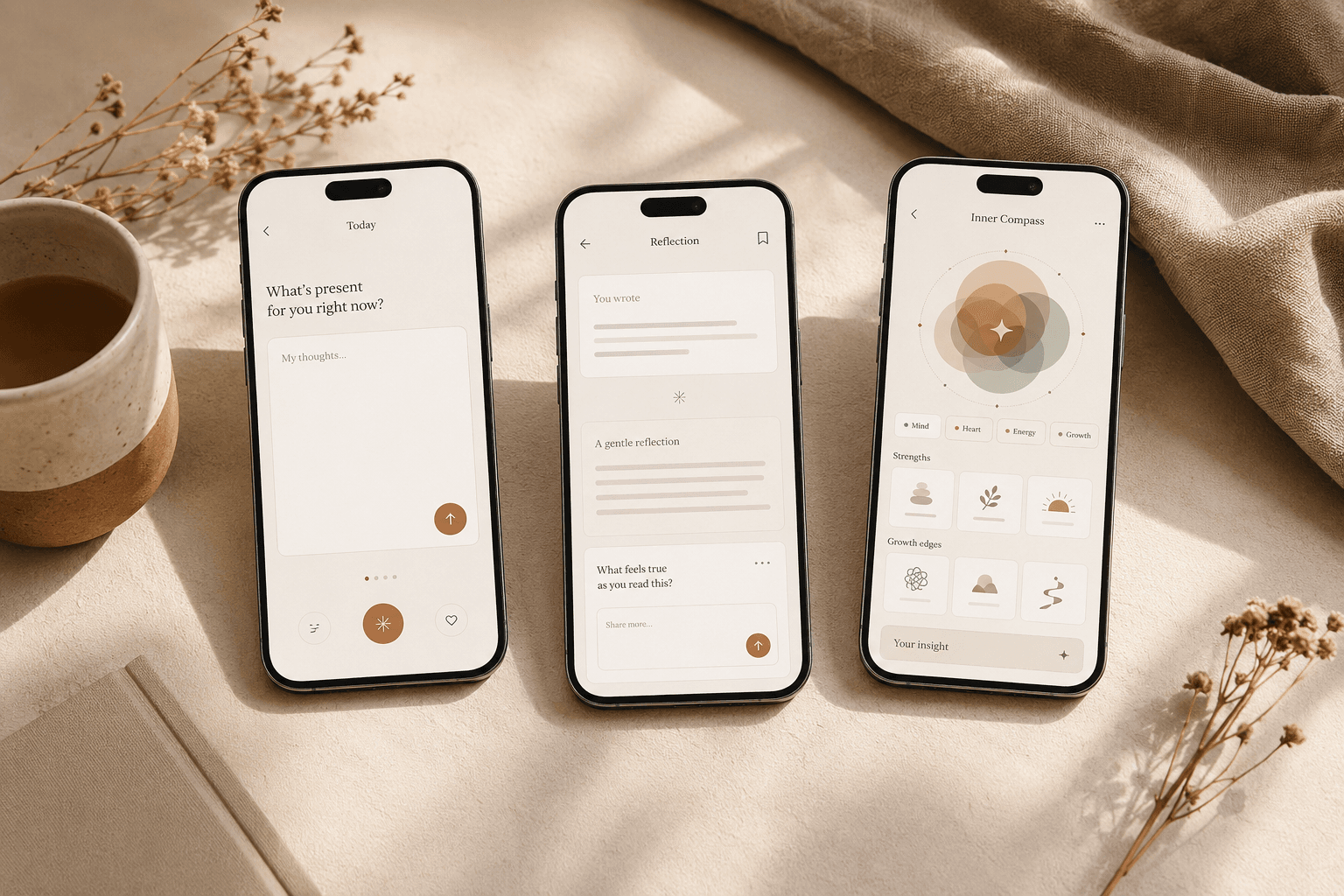 Three phone screens of BECOME on a warm surface