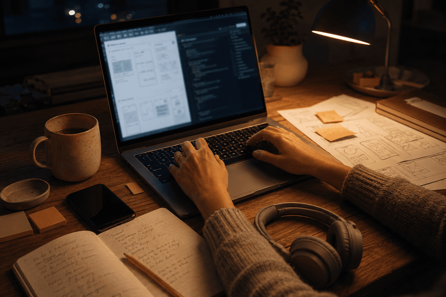Laptop glow at a desk, late evening, hands on keyboard