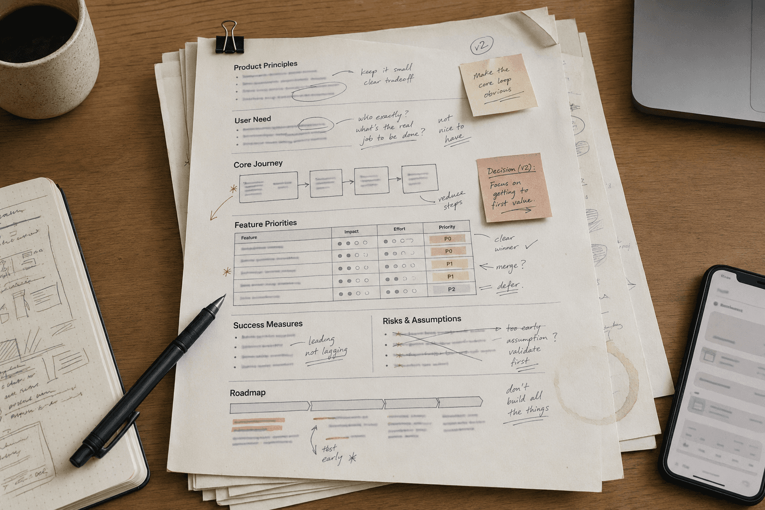 PRD document with handwritten annotations on a desk