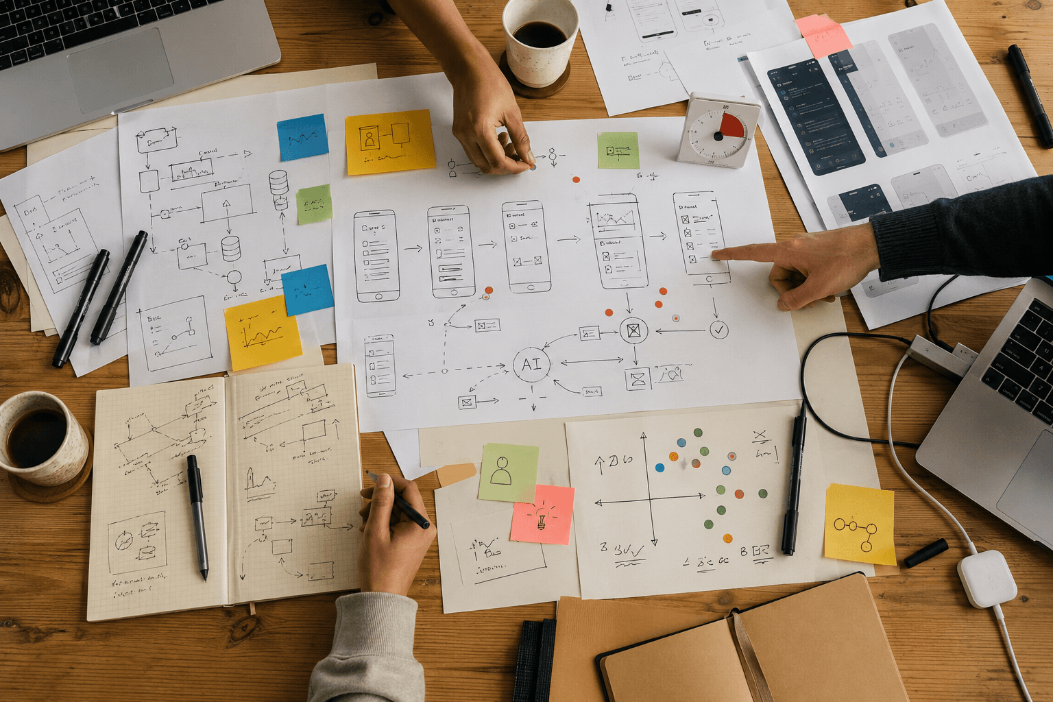 Sketches and sticky notes from a hackathon session