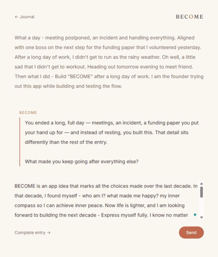 BECOME journal entry with inline AI reflection