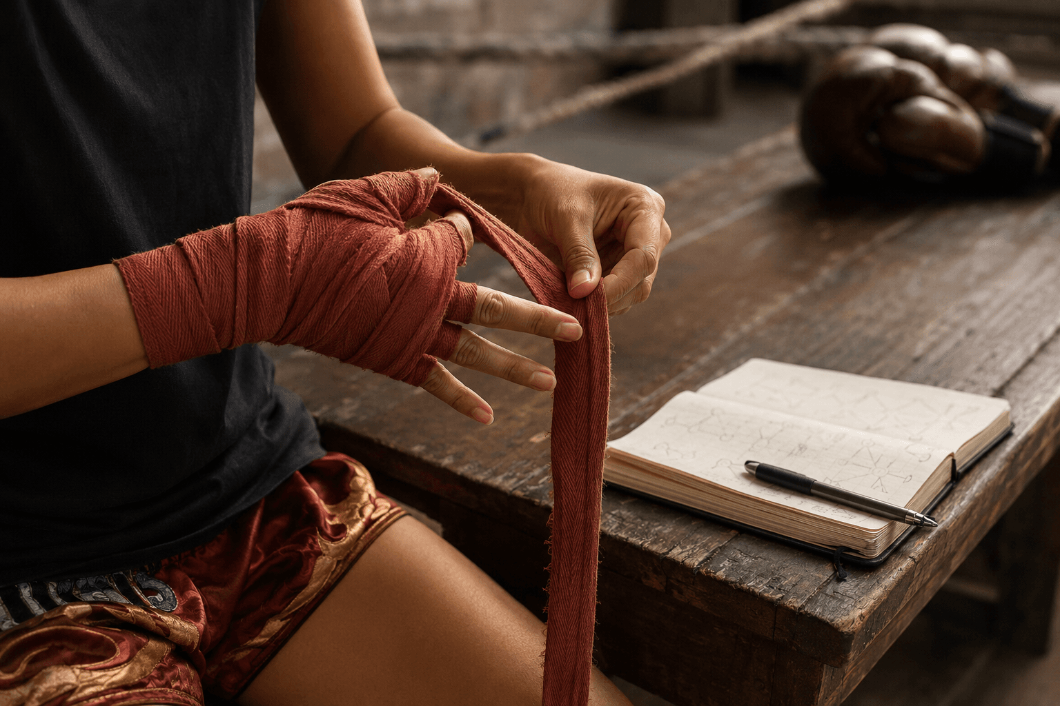 Muay Thai hand wraps and running shoes beside a work desk