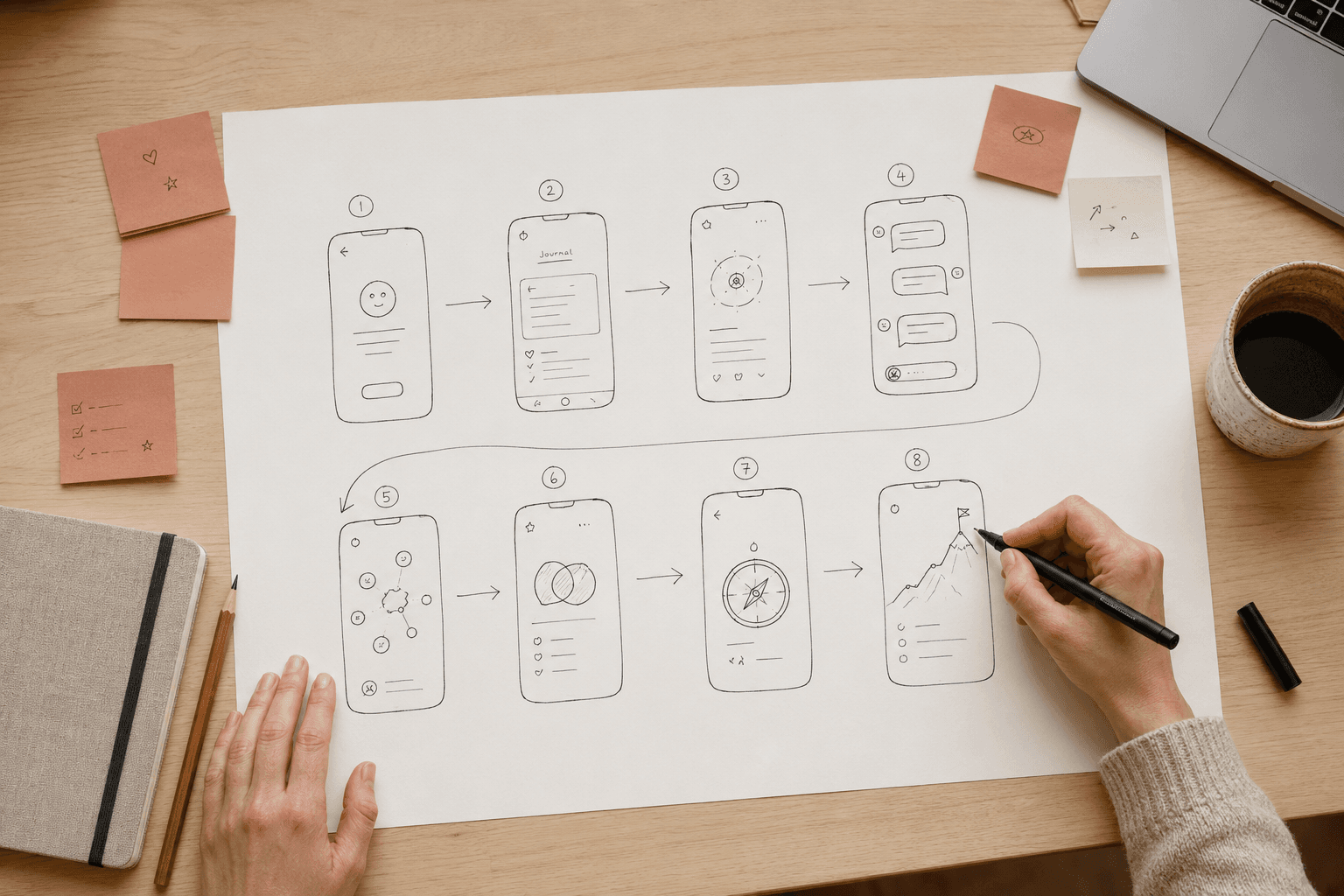 Hands sketching a product flow on paper, desk overhead angle
